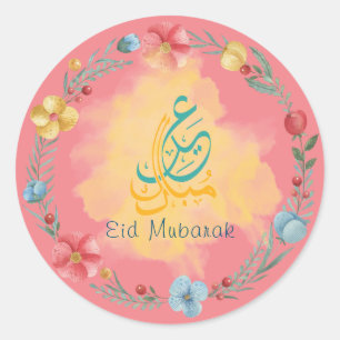 Pink Flowers Eid Mubarak Round Sticker