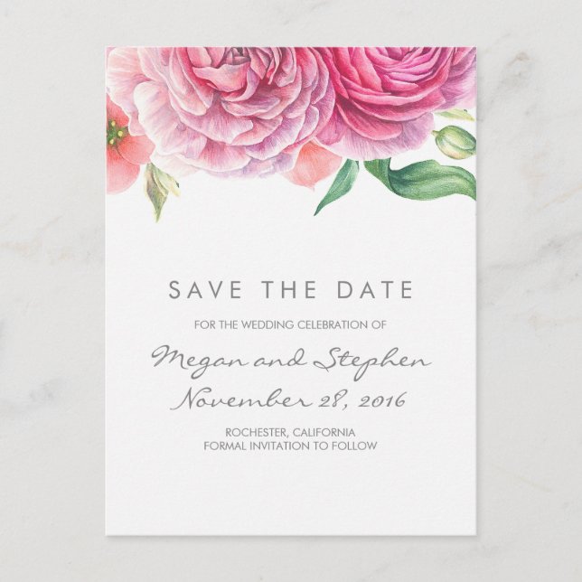 Pink Flowers Elegant and Romantic Save the Date Announcement Postcard (Front)