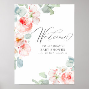 Pink Flowers Elegant Baby Shower Welcome Sign