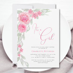 Pink Flowers Elegant Boho It's A Girl Baby Shower Invitation