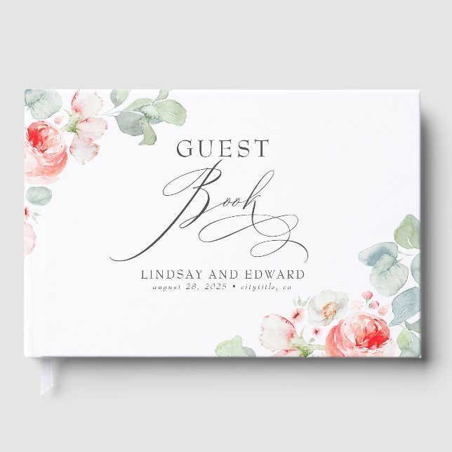 Pink Flowers Elegant Romantic Greenery Wedding Guest Book (Front)