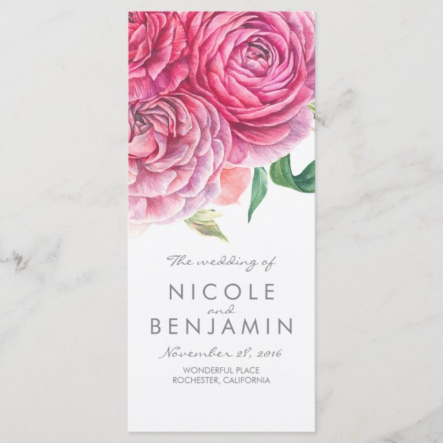Pink Flowers Elegant Watercolor Wedding Programs (Front)