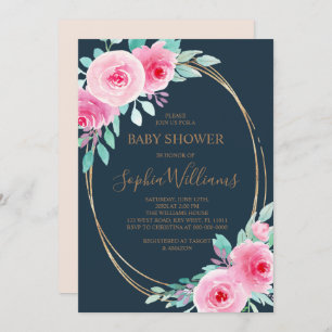 Pink Flowers & Eucalyptus Leaf Navy Baby Shower Invitation