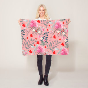 Pink flowers field fleece blanket