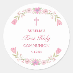 Pink Flowers First Communion Classic Round Sticker