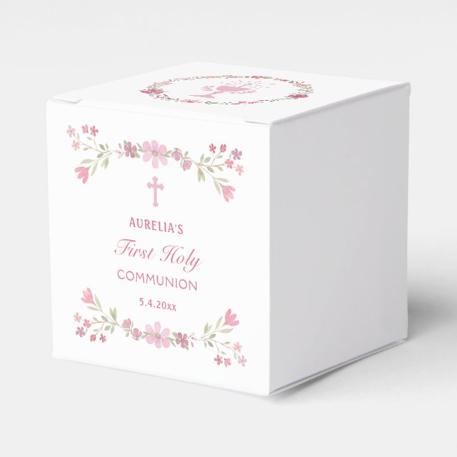 Pink Flowers First Communion Cube Favour Box (Front Side)