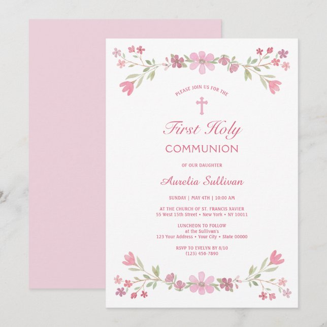 Pink Flowers First Communion Invitation (Front/Back)