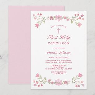 Pink Flowers First Communion Invitation