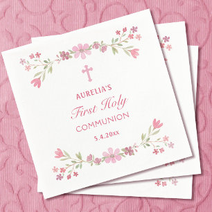 Pink Flowers First Communion Napkin