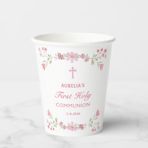 Pink Flowers First Communion Paper Cups