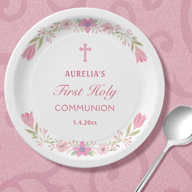 Pink Flowers First Communion Round Paper Plate (Creator Uploaded)