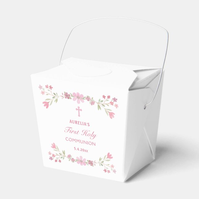 Pink Flowers First Communion Take Out Favour Box (Front Side)