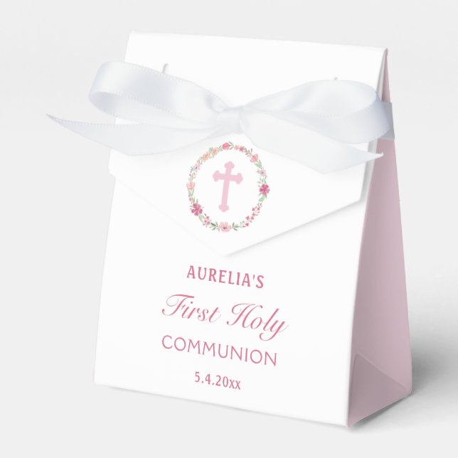 Pink Flowers First Communion Tent Favour Box (Front Side)