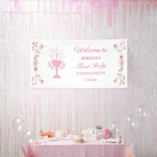 Pink Flowers First Communion Welcome Banner