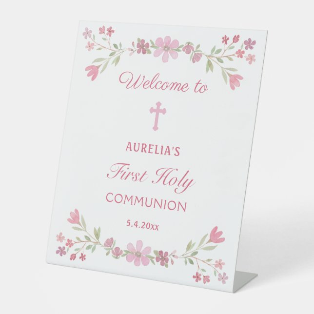 Pink Flowers First Communion Welcome Pedestal Sign (Front)