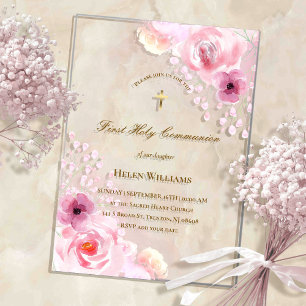 pink flowers First Holy Communion Acrylic Invitations