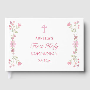 Pink Flowers First Holy Communion Guest Book