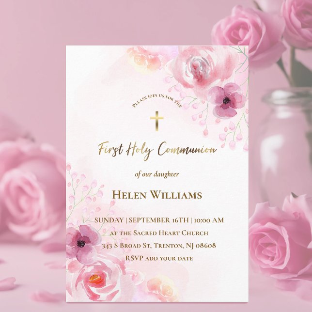 pink flowers | First Holy Communion Invitation (Creator Uploaded)
