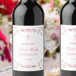 Pink Flowers First Holy Communion Wine Label