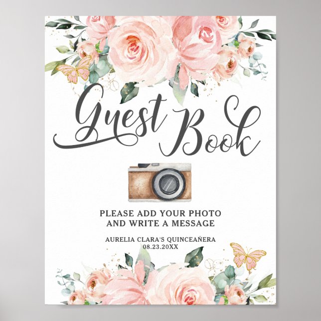 Pink Flowers Floral Birthday Guest Book Photo Sign (Front)