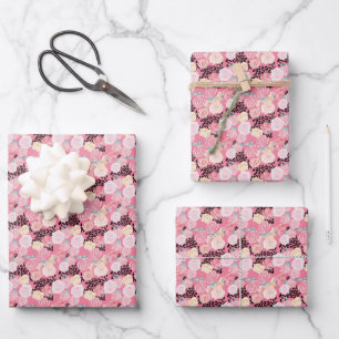 Pink Flowers Floral Black Faux Animal Fur Pattern Wrapping Paper Sheet