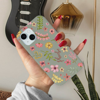 Pink Flowers Floral Botanical Feminine Girly Name  iPhone 15 Case