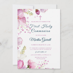 Pink Flowers Floral Daughter First Holy Communion Invitation