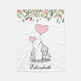 Pink Flowers Floral Elephant Mother Baby Fleece Blanket