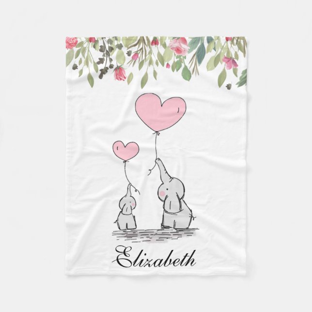 Pink Flowers Floral Elephant Mother Baby Fleece Blanket (Front)