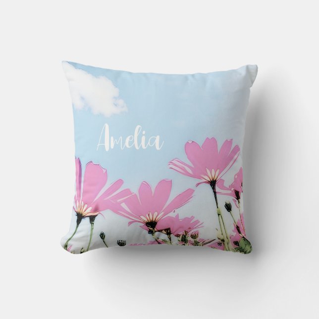 Pink Flowers Floral Mum Name Mother's Day Cushion (Front)