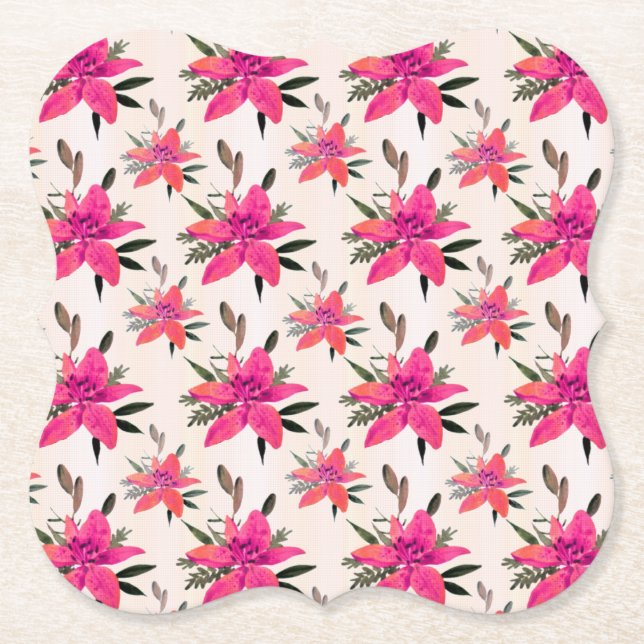 Pink Flowers Floral Pattern Design Paper Coaster (Front)