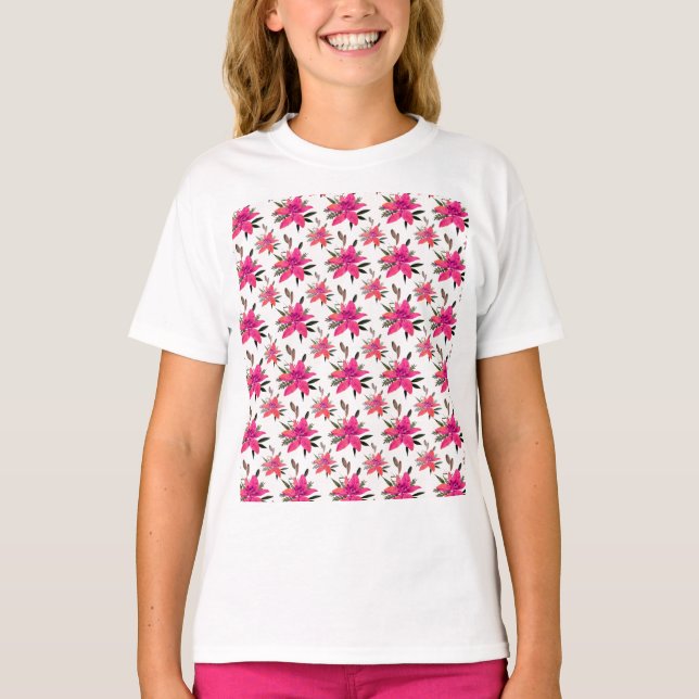 Pink Flowers Floral Pattern Design T-Shirt (Front)