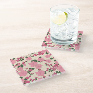 Pink Flowers, Floral Pattern, Pattern Of Flowers Glass Coaster