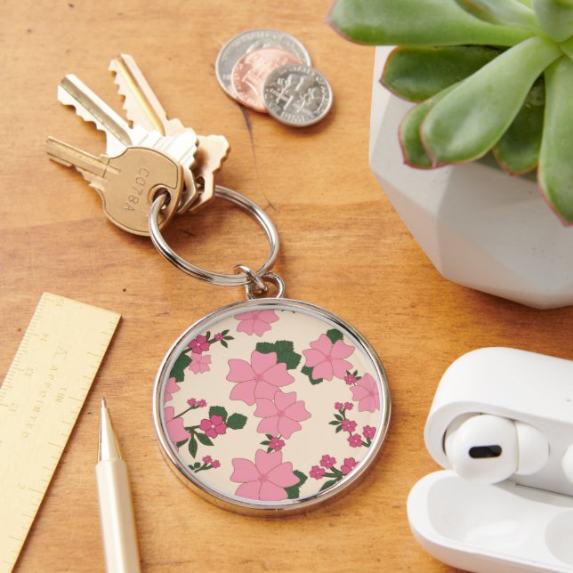 Pink Flowers, Floral Pattern, Pattern Of Flowers Key Ring (Desk)