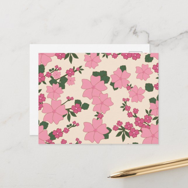 Pink Flowers, Floral Pattern, Pattern Of Flowers Postcard (Front/Back In Situ)