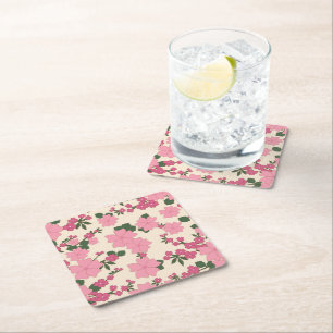Pink Flowers, Floral Pattern, Pattern Of Flowers Square Paper Coaster