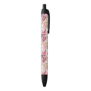 Pink Flowers Flying Butterfly Golden Accents Black Ink Pen