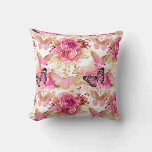 Pink Flowers Flying Butterfly Golden Accents Cushion