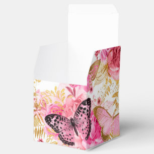 Pink Flowers Flying Butterfly Golden Accents Favour Box