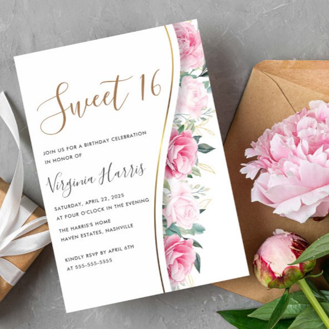 Pink Flowers Foliage Sweet Sixteen 16 Birthday Invitation (Creator Uploaded)