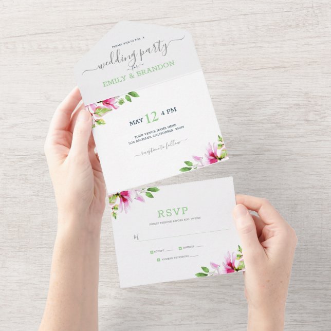 Pink flowers frame all in one invitation (Tearaway)