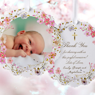 pink flowers frame Baptism thank you  Tree Decoration Card