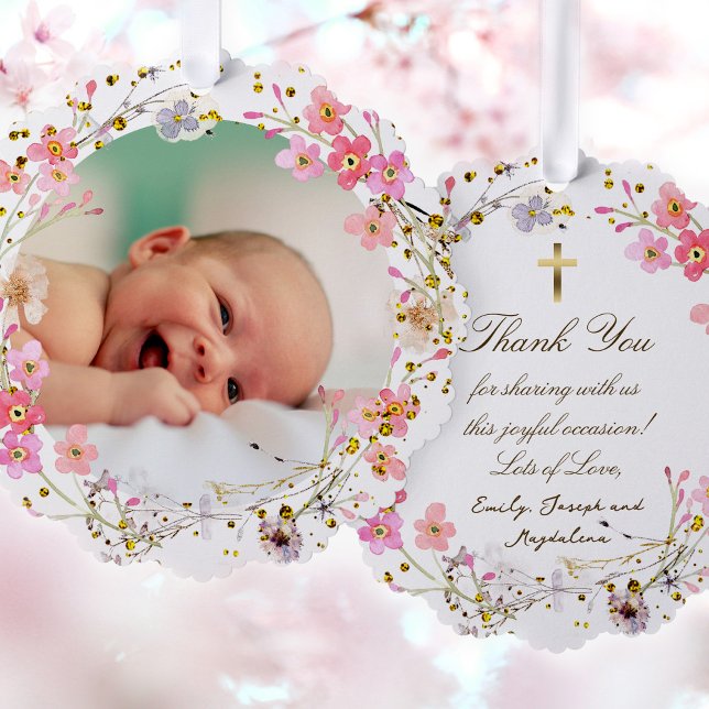 pink flowers frame Baptism thank you  Tree Decoration Card (Creator Uploaded)