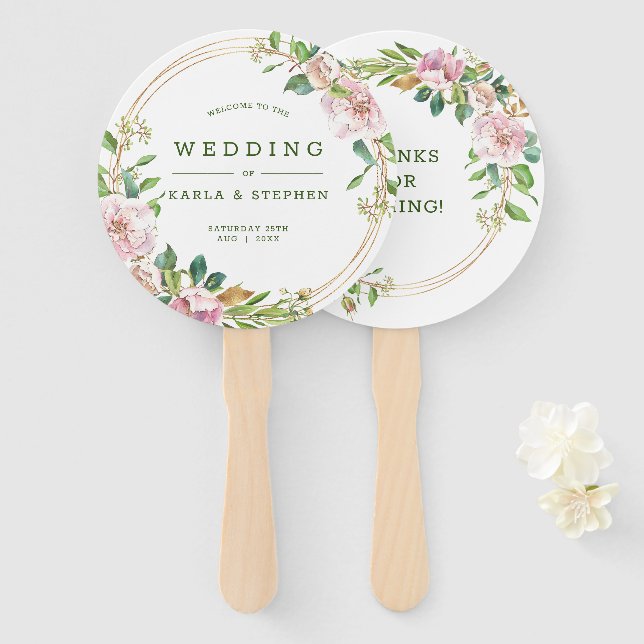 Pink flowers frame hand fan (Front and Back)