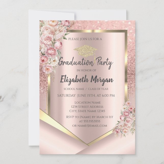 Pink Flowers Frame Rose Gold Glitter Graduation Invitation (Front)