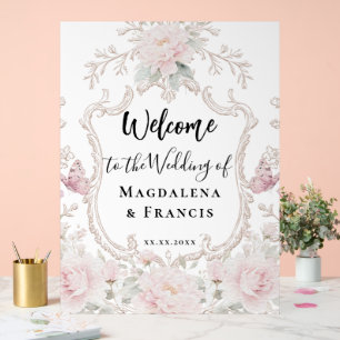 pink flowers frame wedding welcome acrylic sign