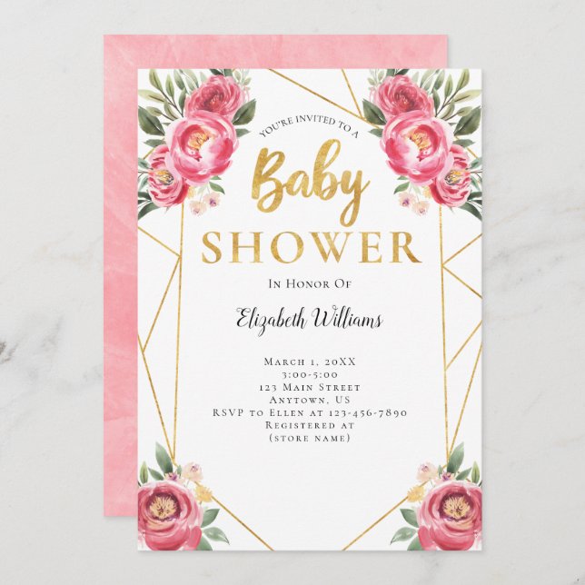 Pink Flowers Geometric Frame Baby Shower Invitation (Front/Back)