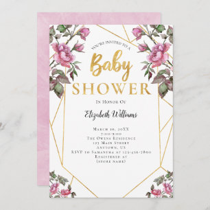 Pink Flowers Geometric Frame Baby Shower Invitation