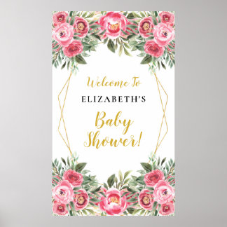 Pink Flowers Geometric Frame Baby Shower Sign