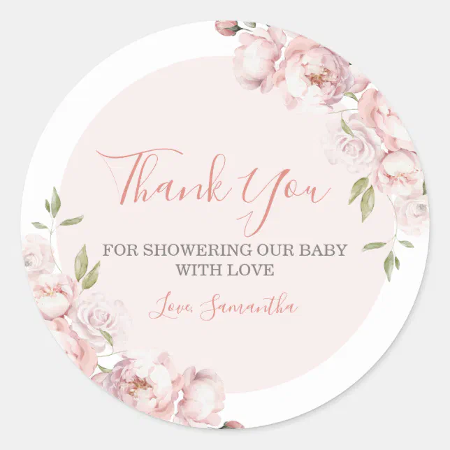 Pink Flowers Girl Baby In Bloom Thank You Classic Round Sticker | Zazzle